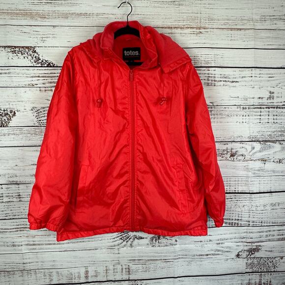 Mens TOTES Red Fleece Lined Nylon Full Zip Hooded Rain Jacket Windbreaker Size L - Picture 1 of 8